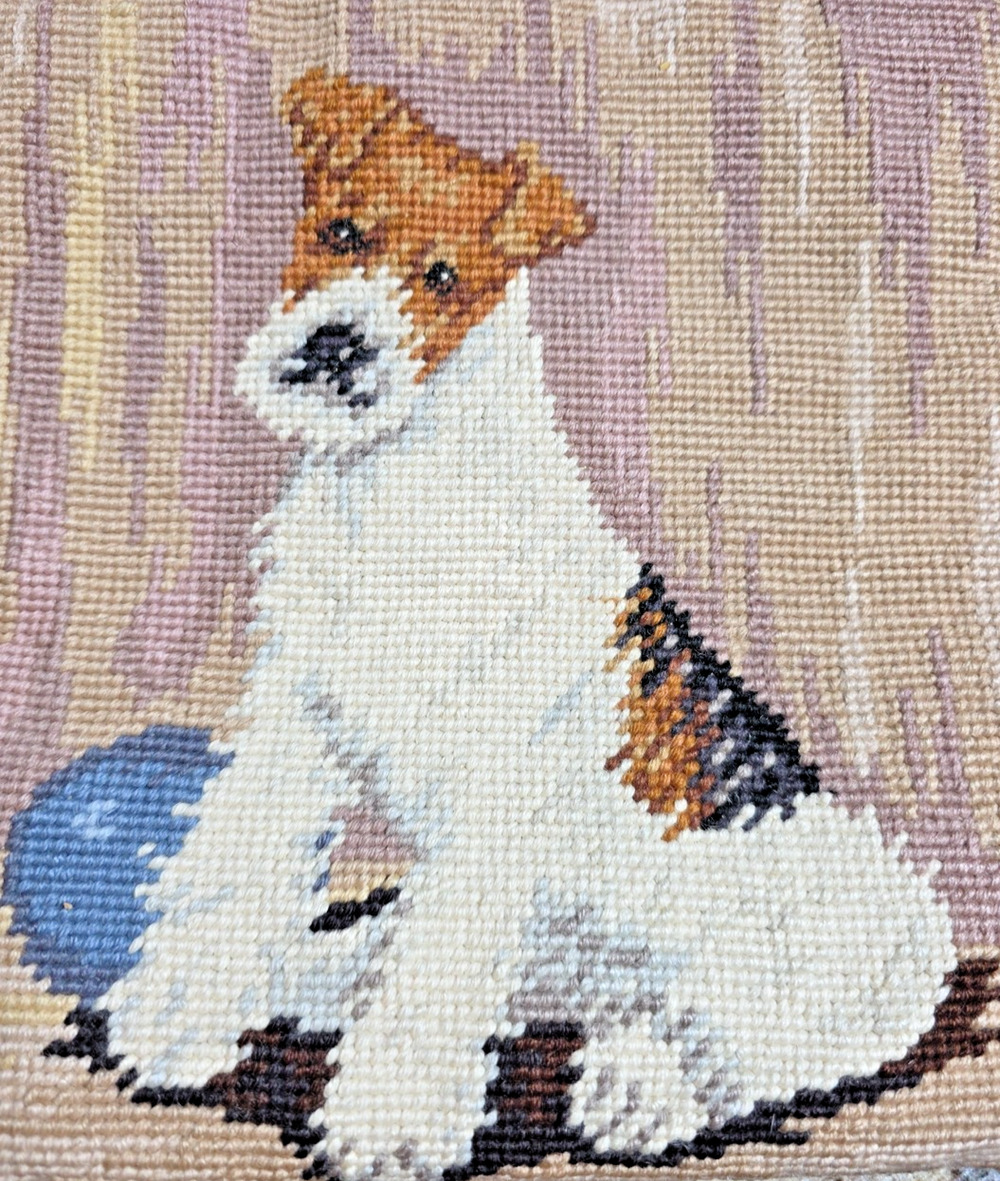 Vtg Fox Terrier Jack Russell Asta Dog Wool Needlepoint Velvet Pillow 10x10